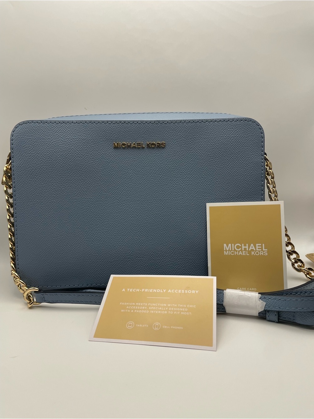 Michael Kors Light Blue Saffiano Crossbody Bag with Gold Chain/leather Strap